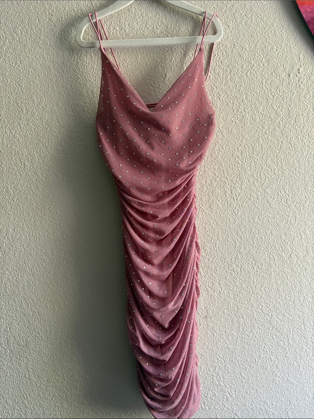 B Darlin Dusty Rose Sparkle Ruched Cowl Midi Dress